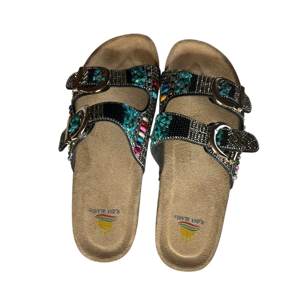 Aloha Island Beaded Sandals - Black and Blue